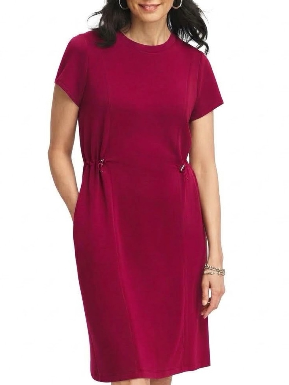 CHICOS Zenergy® Bungee-Waist Short-Sleeve Burgundy Shift Dress